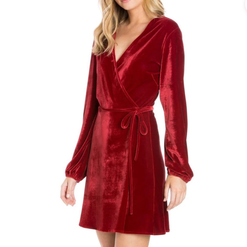Maven West Red Velvet Long Sleeve Wrap Dress